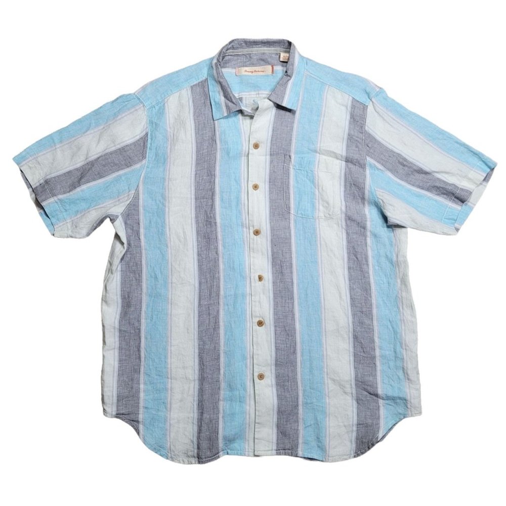 Tommy Bahama Blue and Gray Striped Casual Button Down Shirt